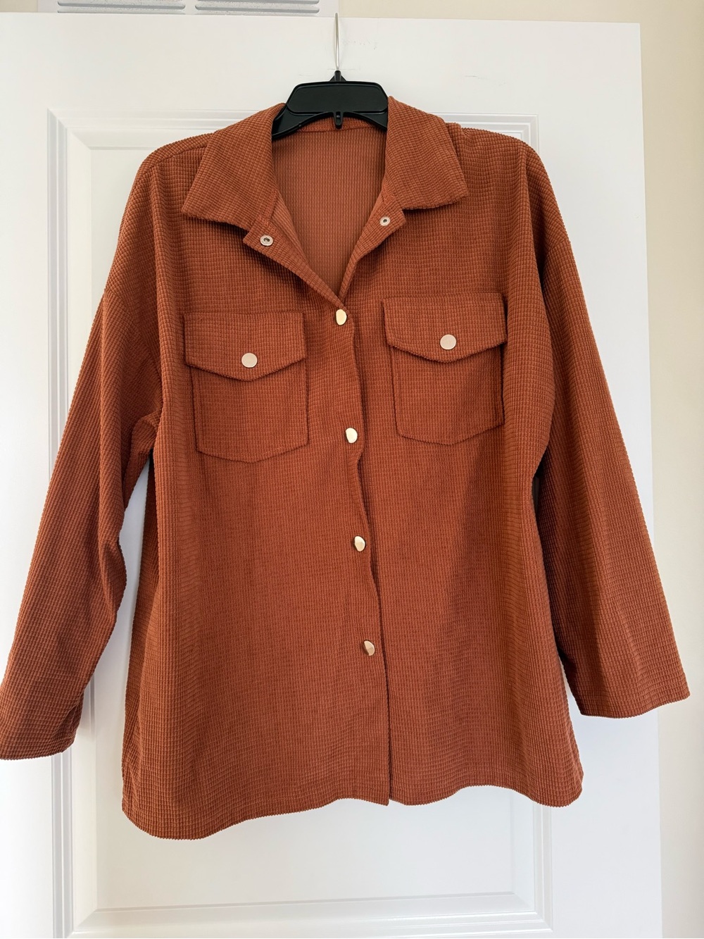 Button-Front Rust Waffle Shirt Jacket